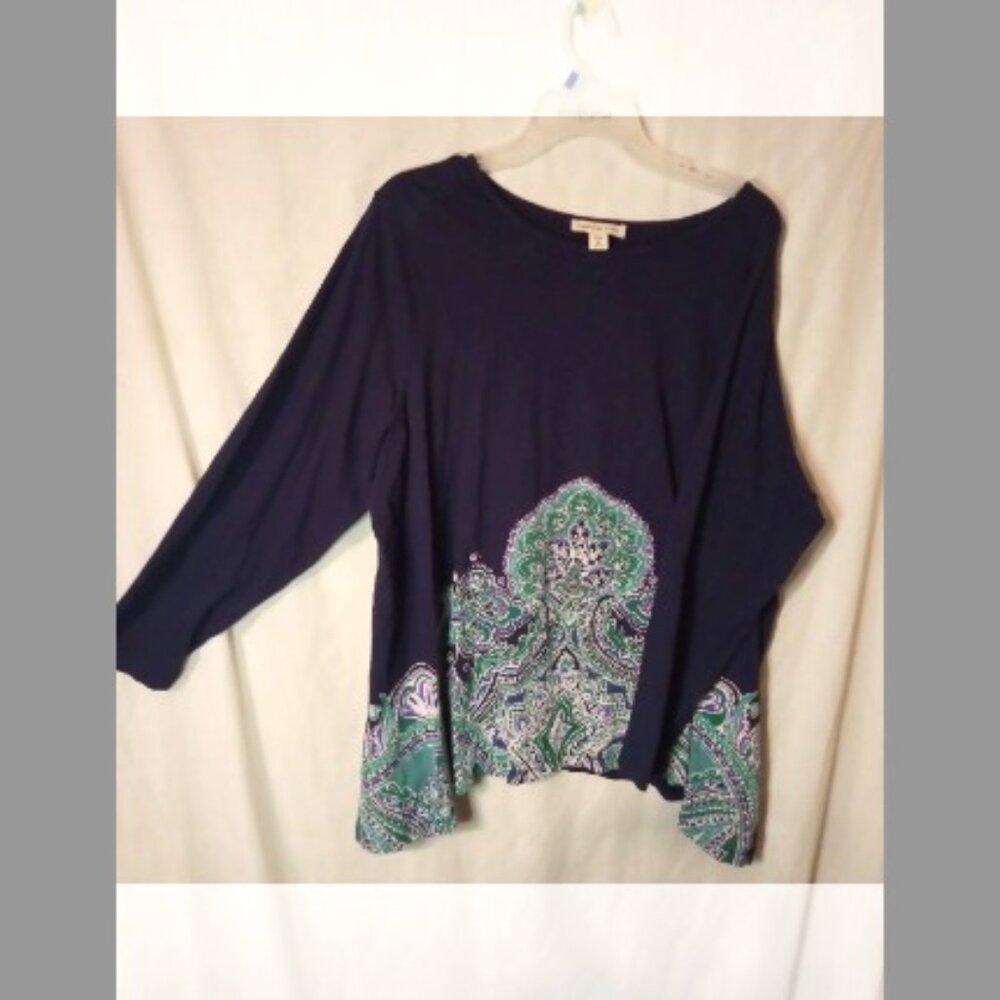 Coldwater Creek Navy Tunic with Green Paisley Hem